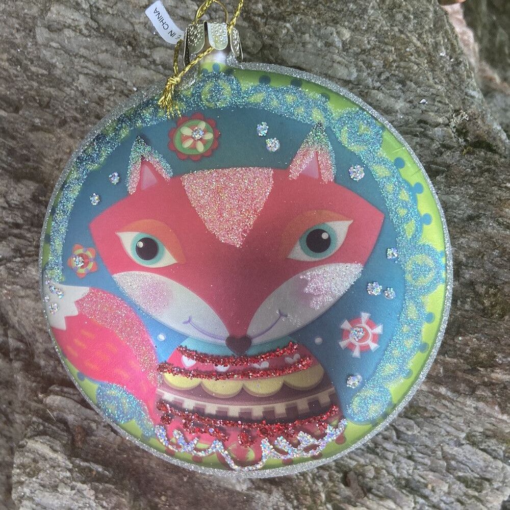 Midwest-CBK Red Fox Glitter Disk Glass Christmas Ornament  104134